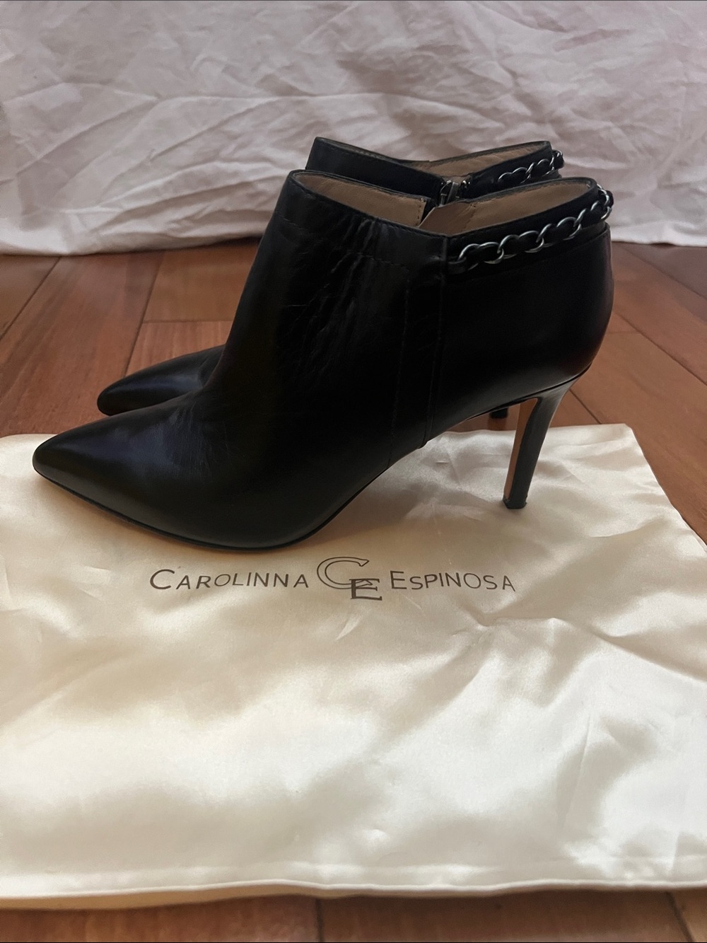 Carolinna Espinosa Black Leather Pointed Toe Ankle Boots w/ Chain Detail